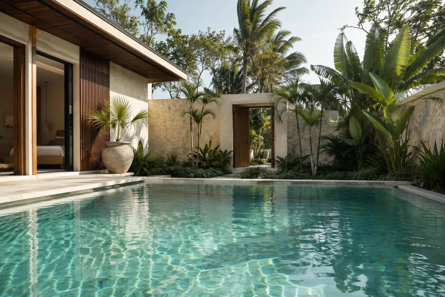Illustrative tropical villa courtyard with a turquoise pool, limestone walls and palms